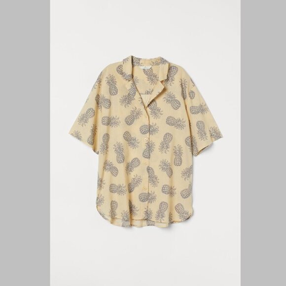 H&M Linen Cotton Pineapple Print Resort Shirt Yellow Tropicalcore XS Oversized - Picture 3 of 10